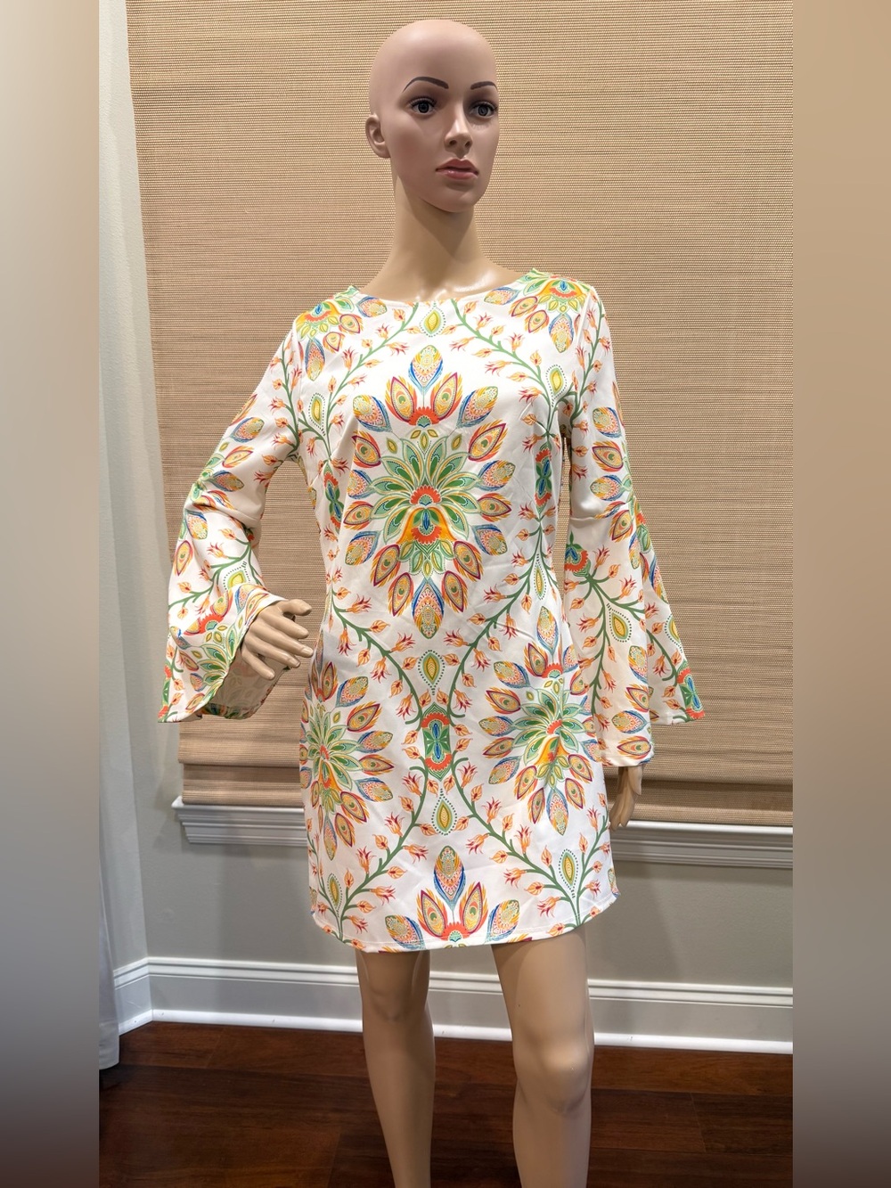Flying Tomato White Shift Dress with Multicolor Floral Medallions